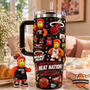 Miami Heat Tumbler detail with flame logo, basketball hoop, and mascot Burnie