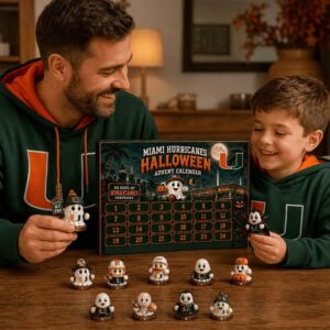 Close-up of the Miami Hurricanes Halloween 2026 Advent Calendar box and top row of ghost figurines