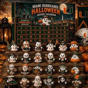 Miami Hurricanes Halloween 2026 Advent Calendar with 24 ghost figurines displayed on a wooden stand