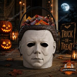 Michael Myers Spooky Trick or Treat Decor Halloween Candy Bucket 2026 - close-up top view with candy
