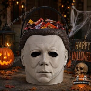 Michael Myers Spooky Trick or Treat Decor Halloween Candy Bucket 2026 - front view filled with candy
