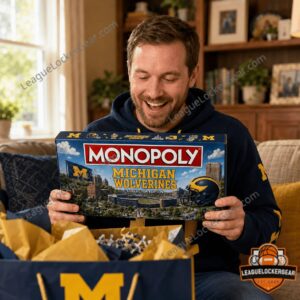 Michigan Wolverines Monopoly Board Game - collector tin, box, and top-left board
