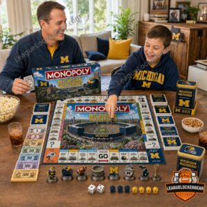 Michigan Wolverines Monopoly Board Game - box, 3D building, and top-right board