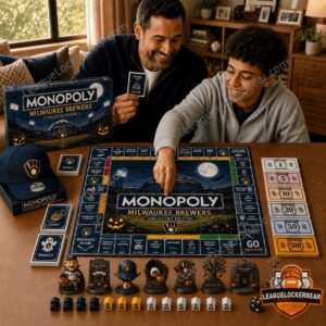 Milwaukee Brewers Halloween American Family Field Monopoly Board Game - close-up of game box, board, money