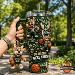 Milwaukee Bucks Fear The Deer Mascot Tumbler Plush Toy - close-up of top section and handle