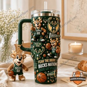 Milwaukee Bucks Fear The Deer Mascot Tumbler Plush Toy - close-up of center design and logo