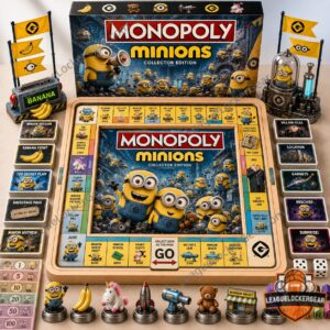 Minions & Monster 2026 Monopoly Board Game - full view with game pieces, box, and cards