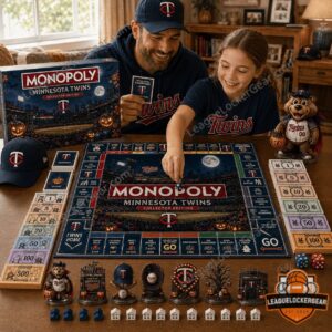 Minnesota Twins Monopoly 2026 Board Game - close-up of the box, board section, game money, and a baseball cap
