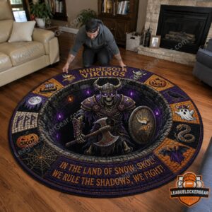 Minnesota Vikings 2026 Halloween Quilted Round Rug - close-up of skeleton and upper left details