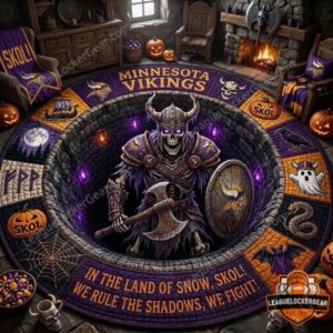 Minnesota Vikings 2026 Halloween Quilted Round Rug - overhead view of the complete design