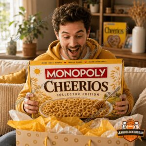 Monopoly Cheerios Monopoly Board Game - close-up of game box, cereal bowl, and Good Choice cards