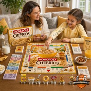 Monopoly Cheerios Monopoly Board Game - detail of game box, milk bottle, cereal box, and property cards