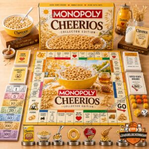Monopoly Cheerios Monopoly Board Game - full overhead view with game pieces and cards
