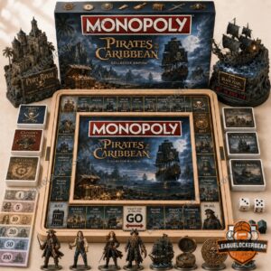 Monopoly Pirates of the Caribbean Collector Edition Board Game - front view with board, cards, miniatures