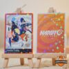 Naruto Sasuke Chakra Card Hologram Trading Card - front and back displayed on wooden easels
