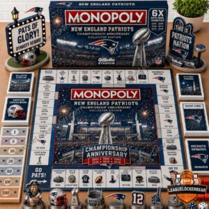 New England Patriots Championship Anniversary Monopoly Board Game - full set display