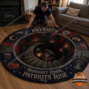 New England Patriots Halloween Midnight Pride Round Rug - top left detail with moon, bats, and historical