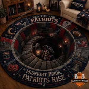 New England Patriots Halloween Midnight Pride Round Rug - full view displaying all design elements