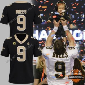 New Orleans Saints Drew Brees Football Jersey - composite image showing jersey views and player celebration