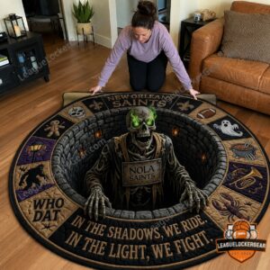 New Orleans Saints Halloween Quilted Round Rug - close-up of skeleton and top left motifs