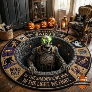 New Orleans Saints Halloween Quilted Round Rug - full view in a living room setting
