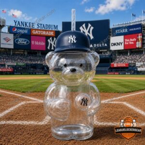New York Yankees Bear Shaped Glass Tumbler with Cap 2026 - close-up of cap and stadium background