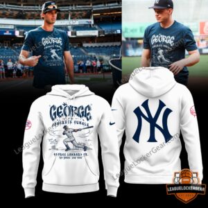 New York Yankees George Of The Concrete Jungle George Lombard Jr. T-Shirt - model wearing blue shirt in