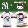 New York Yankees Hello Kitty Baseball T-Shirt - front and back view on grass background