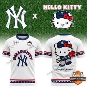 New York Yankees Hello Kitty Baseball T-Shirt - front and back view on grass background