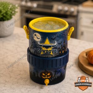 NORTH QUEENSLAND COWBOYS Halloween Spooky Mini Can Cooler - close-up of upper section with moon and bats