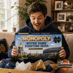 Notre Dame Fighting Irish Monopoly 2026 Board Game - close-up of box and game money