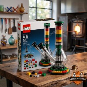 Novelty LEGO Bong Water Pipe Building Brick Set - box and two assembled water pipes on a wooden table