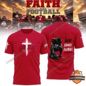 Ohio State Buckeyes Faith Family Football 2026 Limited T-Shirt - close-up of back design with kneeling player