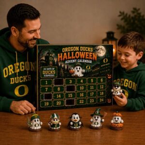 Oregon Ducks Halloween 2026 Advent Calendar - close-up of the top calendar box and first six figurines