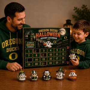 Oregon Ducks Halloween 2026 Advent Calendar - close-up of the calendar box with stadium and right side