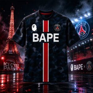 Paris Saint-Germain BAPE Collaboration Jersey Shirt - front view in urban Paris setting