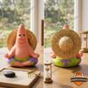 Patrick Star Meditating Zen Figurine with Straw Hat - front and back views displayed