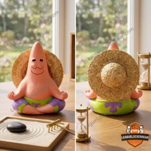 Patrick Star Meditating Zen Figurine with Straw Hat - front and back views displayed