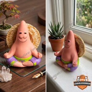 Patrick Star Meditating Zen Figurine with Straw Hat - front view with a mini zen garden