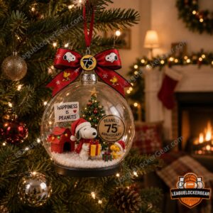 Peanuts 75th Anniversary 1950-2025 Globe Ornament - close-up of ribbon and top half