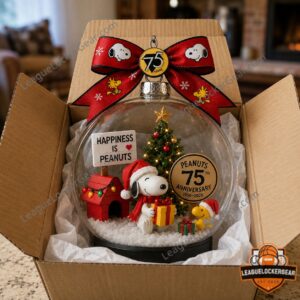 Peanuts 75th Anniversary 1950-2025 Globe Ornament - close-up of Snoopy, doghouse, and sign