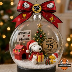 Peanuts 75th Anniversary 1950-2025 Globe Ornament - full view with festive background