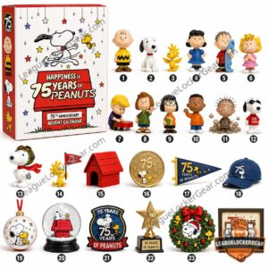 Peanuts 75th Anniversary Advent Calendar - full product display with all items unpacked