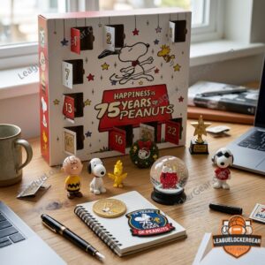 Peanuts 75th Anniversary Advent Calendar - close-up of commemorative items including a coin, cap, snow globe