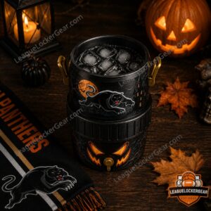 Penrith Panthers Halloween Personalized Mini Can Cooler - close-up of panther logo and moon