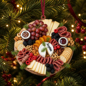 Personalized Christmas Charcuterie Board Ornament - close-up of crackers, nuts, and personalized cheese