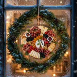 Personalized Christmas Charcuterie Board Ornament - close-up of grapes, cheese, and meats