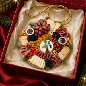 Personalized Christmas Charcuterie Board Ornament - top-down view in a red gift box
