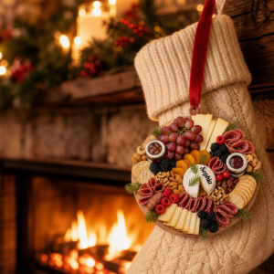 Personalized Christmas Charcuterie Board Ornament - close-up of berries, cheeses, and crackers