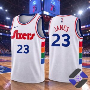 Philadelphia 76ers LeBron James City Edition Basketball Jersey - close-up on player's upper torso